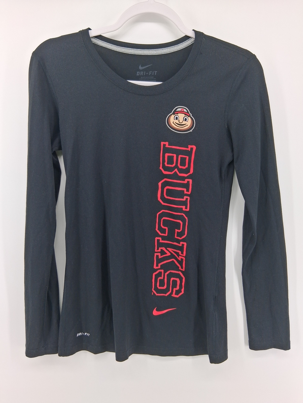 Nike Black Long Sleeve Tee with Red Vertical BUCKS Logo